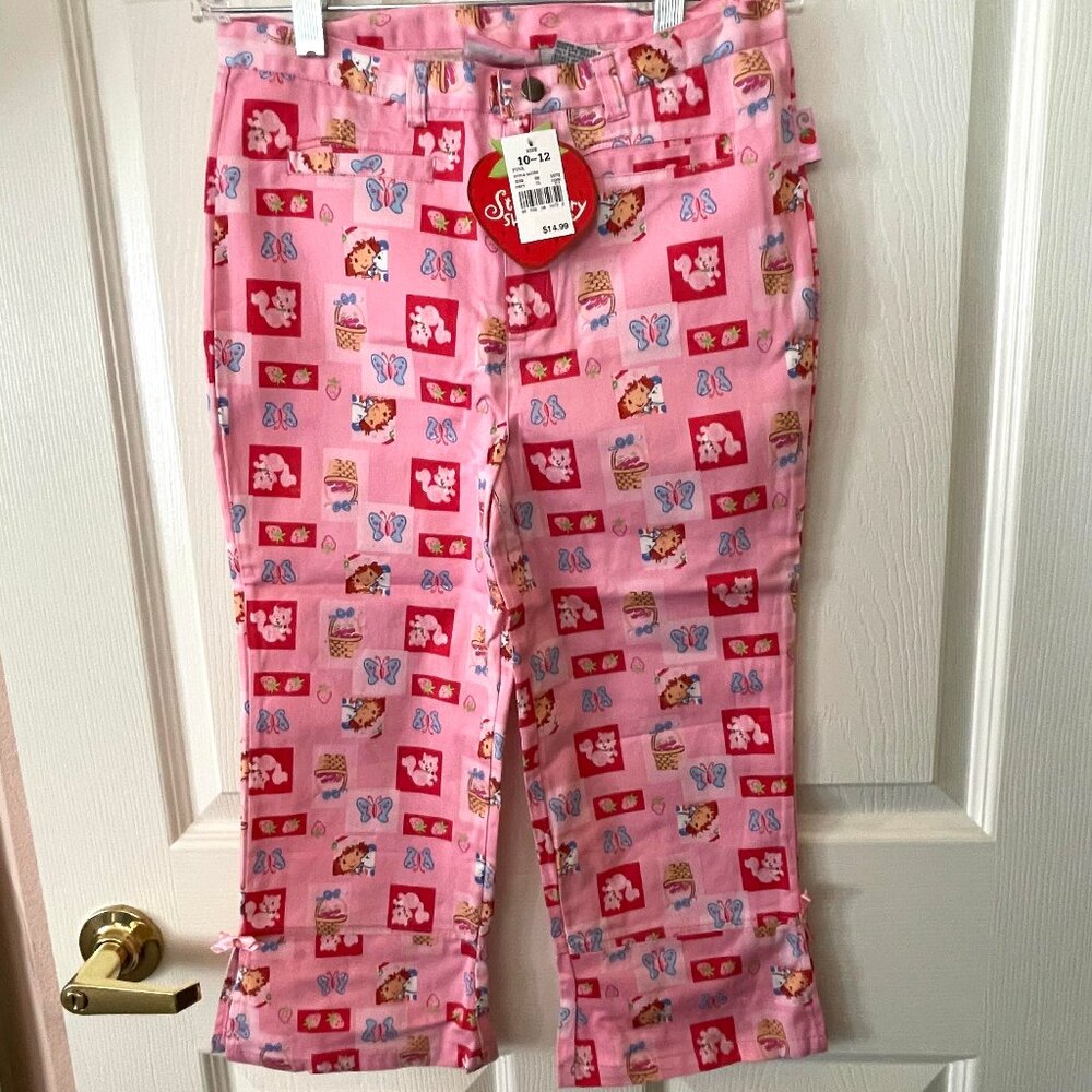 Strawberry Shortcake Print  Girls Pink Capri Pants L  10 - 12 NWT Vintag…